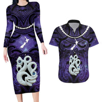 Personalised Maori Matariki Manaia Waiporoporo Couples Matching Long Sleeve Bodycon Dress and Hawaiian Shirt Maori Kowhaiwhai Pattern Galaxy LT01 Purple - Polynesian Pride