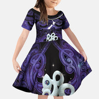Personalised Maori Matariki Manaia Waiporoporo Family Matching Long Sleeve Bodycon Dress and Hawaiian Shirt Maori Kowhaiwhai Pattern Galaxy LT01 Daughter's Dress Purple - Polynesian Pride