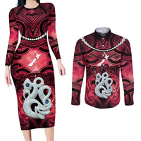 Personalised Maori Matariki Manaia Whero Couples Matching Long Sleeve Bodycon Dress and Long Sleeve Button Shirt Maori Kowhaiwhai Pattern Galaxy