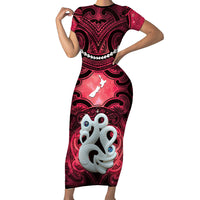 Personalised Maori Matariki Manaia Whero Family Matching Short Sleeve Bodycon Dress and Hawaiian Shirt Maori Kowhaiwhai Pattern Galaxy LT01 Mom's Dress Red - Polynesian Pride