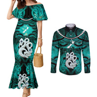Personalised Maori Matariki Manaia Turquoise Couples Matching Mermaid Dress and Long Sleeve Button Shirt Maori Kowhaiwhai Pattern Galaxy