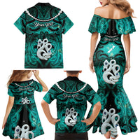 Personalised Maori Matariki Manaia Turquoise Family Matching Mermaid Dress and Hawaiian Shirt Maori Kowhaiwhai Pattern Galaxy LT01 - Polynesian Pride