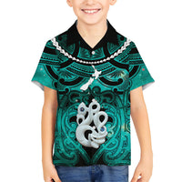 Personalised Maori Matariki Manaia Turquoise Family Matching Off The Shoulder Long Sleeve Dress and Hawaiian Shirt Maori Kowhaiwhai Pattern Galaxy LT01 Son's Shirt Turquoise - Polynesian Pride