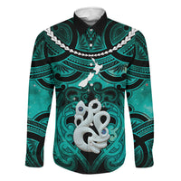 Personalised Maori Matariki Manaia Turquoise Family Matching Summer Maxi Dress and Hawaiian Shirt Maori Kowhaiwhai Pattern Galaxy LT01 Dad's Shirt - Long Sleeve Turquoise - Polynesian Pride