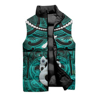 Personalised Maori Matariki Manaia Turquoise Sleeveless Puffer Jacket Maori Kowhaiwhai Pattern Galaxy