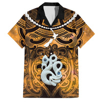 Personalised Maori Matariki Manaia Kowhai Family Matching Off Shoulder Maxi Dress and Hawaiian Shirt Maori Kowhaiwhai Pattern Galaxy LT01 Dad's Shirt - Short Sleeve Yellow - Polynesian Pride