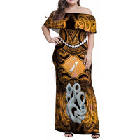 Personalised Maori Matariki Manaia Kowhai Family Matching Off Shoulder Maxi Dress and Hawaiian Shirt Maori Kowhaiwhai Pattern Galaxy LT01 Mom's Dress Yellow - Polynesian Pride