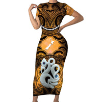 Personalised Maori Matariki Manaia Kowhai Family Matching Short Sleeve Bodycon Dress and Hawaiian Shirt Maori Kowhaiwhai Pattern Galaxy LT01 Mom's Dress Yellow - Polynesian Pride