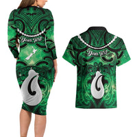 Personalised Maori Matariki Hei Matau Kakariki Couples Matching Long Sleeve Bodycon Dress and Hawaiian Shirt Maori Kowhaiwhai Pattern Galaxy LT01 - Polynesian Pride