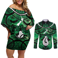 Personalised Maori Matariki Hei Matau Kakariki Couples Matching Off Shoulder Short Dress and Long Sleeve Button Shirt Maori Kowhaiwhai Pattern Galaxy