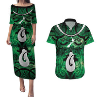 Personalised Maori Matariki Hei Matau Kakariki Couples Matching Puletasi and Hawaiian Shirt Maori Kowhaiwhai Pattern Galaxy
