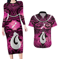 Personalised Maori Matariki Hei Matau Mawhero Couples Matching Long Sleeve Bodycon Dress and Hawaiian Shirt Maori Kowhaiwhai Pattern Galaxy LT01 Pink - Polynesian Pride