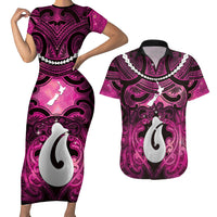Personalised Maori Matariki Hei Matau Mawhero Couples Matching Short Sleeve Bodycon Dress and Hawaiian Shirt Maori Kowhaiwhai Pattern Galaxy LT01 Pink - Polynesian Pride