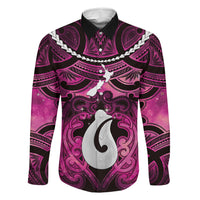 Personalised Maori Matariki Hei Matau Mawhero Family Matching Tank Maxi Dress and Hawaiian Shirt Maori Kowhaiwhai Pattern Galaxy LT01 Dad's Shirt - Long Sleeve Pink - Polynesian Pride