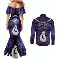 Personalised Maori Matariki Hei Matau Waiporoporo Couples Matching Mermaid Dress and Long Sleeve Button Shirt Maori Kowhaiwhai Pattern Galaxy LT01 - Polynesian Pride