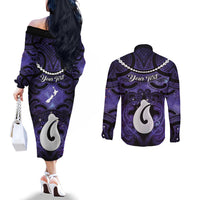 Personalised Maori Matariki Hei Matau Waiporoporo Couples Matching Off The Shoulder Long Sleeve Dress and Long Sleeve Button Shirt Maori Kowhaiwhai Pattern Galaxy LT01 - Polynesian Pride