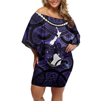 Personalised Maori Matariki Hei Matau Waiporoporo Family Matching Off Shoulder Short Dress and Hawaiian Shirt Maori Kowhaiwhai Pattern Galaxy LT01 Mom's Dress Purple - Polynesian Pride