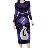 Personalised Maori Matariki Hei Matau Waiporoporo Long Sleeve Bodycon Dress Maori Kowhaiwhai Pattern Galaxy