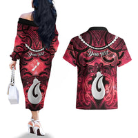 Personalised Maori Matariki Hei Matau Whero Couples Matching Off The Shoulder Long Sleeve Dress and Hawaiian Shirt Maori Kowhaiwhai Pattern Galaxy LT01 - Polynesian Pride