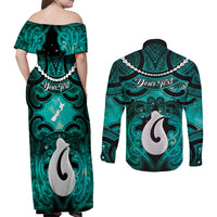 Personalised Maori Matariki Hei Matau Turquoise Couples Matching Off Shoulder Maxi Dress and Long Sleeve Button Shirt Maori Kowhaiwhai Pattern Galaxy