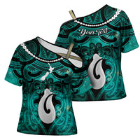 Personalised Maori Matariki Hei Matau Turquoise Cross Shoulder Shirt Maori Kowhaiwhai Pattern Galaxy