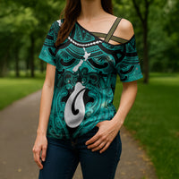 Personalised Maori Matariki Hei Matau Turquoise Cross Shoulder Shirt Maori Kowhaiwhai Pattern Galaxy