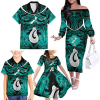Personalised Maori Matariki Hei Matau Turquoise Family Matching Off The Shoulder Long Sleeve Dress and Hawaiian Shirt Maori Kowhaiwhai Pattern Galaxy LT01 - Polynesian Pride