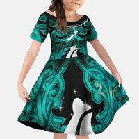 Personalised Maori Matariki Hei Matau Turquoise Family Matching Puletasi and Hawaiian Shirt Maori Kowhaiwhai Pattern Galaxy LT01 Daughter's Dress Turquoise - Polynesian Pride