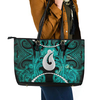 Maori Matariki Hei Matau Turquoise Leather Tote Bag Maori Kowhaiwhai Pattern Galaxy
