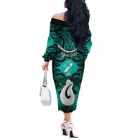 Personalised Maori Matariki Hei Matau Turquoise Off The Shoulder Long Sleeve Dress Maori Kowhaiwhai Pattern Galaxy