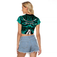 Personalised Maori Matariki Hei Matau Turquoise Raglan Cropped T Shirt Maori Kowhaiwhai Pattern Galaxy