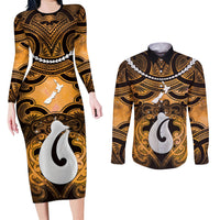 Personalised Maori Matariki Hei Matau Kowhai Couples Matching Long Sleeve Bodycon Dress and Long Sleeve Button Shirt Maori Kowhaiwhai Pattern Galaxy LT01 Yellow - Polynesian Pride