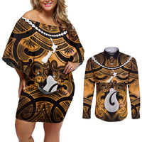 Personalised Maori Matariki Hei Matau Kowhai Couples Matching Off Shoulder Short Dress and Long Sleeve Button Shirt Maori Kowhaiwhai Pattern Galaxy