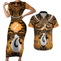 Personalised Maori Matariki Hei Matau Kowhai Couples Matching Short Sleeve Bodycon Dress and Hawaiian Shirt Maori Kowhaiwhai Pattern Galaxy LT01 Yellow - Polynesian Pride