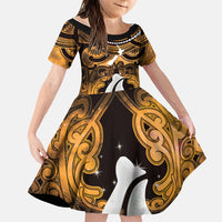 Personalised Maori Matariki Hei Matau Kowhai Family Matching Off Shoulder Short Dress and Hawaiian Shirt Maori Kowhaiwhai Pattern Galaxy LT01 Daughter's Dress Yellow - Polynesian Pride