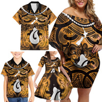 Personalised Maori Matariki Hei Matau Kowhai Family Matching Off Shoulder Short Dress and Hawaiian Shirt Maori Kowhaiwhai Pattern Galaxy LT01 - Polynesian Pride