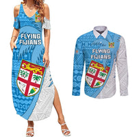 Fiji Rugby Couples Matching Summer Maxi Dress and Long Sleeve Button Shirts Come On Fijian Tapa Pattern LT01 Blue - Polynesian Pride