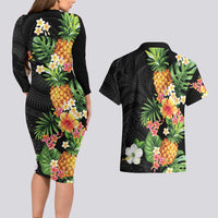 Hawaii Pineapple Tropical Couples Matching Long Sleeve Bodycon Dress and Hawaiian Shirt Colorful Hibiscus Plumeria LT01 - Polynesian Pride
