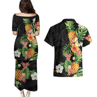 Hawaii Pineapple Tropical Couples Matching Puletasi and Hawaiian Shirt Colorful Hibiscus Plumeria