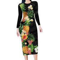 Hawaii Pineapple Tropical Family Matching Long Sleeve Bodycon Dress and Hawaiian Shirt Colorful Hibiscus Plumeria LT01 Mom's Dress Black - Polynesian Pride