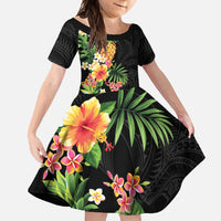Hawaii Pineapple Tropical Family Matching Off Shoulder Maxi Dress and Hawaiian Shirt Colorful Hibiscus Plumeria LT01 Daughter's Dress Black - Polynesian Pride