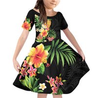 Hawaii Pineapple Tropical Family Matching Off Shoulder Short Dress and Hawaiian Shirt Colorful Hibiscus Plumeria LT01 Daughter's Dress Black - Polynesian Pride