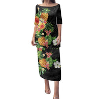 Hawaii Pineapple Tropical Family Matching Puletasi and Hawaiian Shirt Colorful Hibiscus Plumeria LT01 Mom's Dress Black - Polynesian Pride
