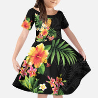 Hawaii Pineapple Tropical Family Matching Short Sleeve Bodycon Dress and Hawaiian Shirt Colorful Hibiscus Plumeria LT01 Daughter's Dress Black - Polynesian Pride