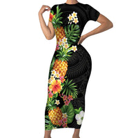 Hawaii Pineapple Tropical Family Matching Short Sleeve Bodycon Dress and Hawaiian Shirt Colorful Hibiscus Plumeria LT01 Mom's Dress Black - Polynesian Pride