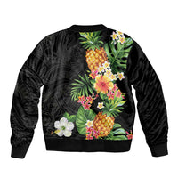 Hawaii Pineapple Tropical Sleeve Zip Bomber Jacket Colorful Hibiscus Plumeria