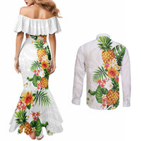Hawaii Pineapple Tropical Couples Matching Mermaid Dress and Long Sleeve Button Shirt Luminous Hibiscus Plumeria