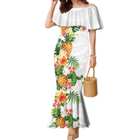 Hawaii Pineapple Tropical Family Matching Mermaid Dress and Hawaiian Shirt Luminous Hibiscus Plumeria LT01 Mom's Dress White - Polynesian Pride