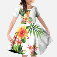Hawaii Pineapple Tropical Family Matching Off Shoulder Maxi Dress and Hawaiian Shirt Luminous Hibiscus Plumeria LT01 Daughter's Dress White - Polynesian Pride