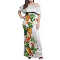 Hawaii Pineapple Tropical Family Matching Off Shoulder Maxi Dress and Hawaiian Shirt Luminous Hibiscus Plumeria LT01 Mom's Dress White - Polynesian Pride